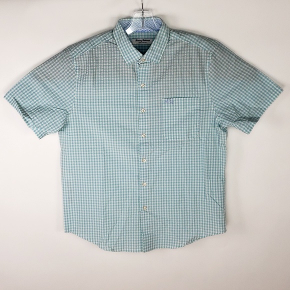 MENS SMALL TOMMY BAHAMA BLUE//AQUA SS COTTON BUTTON UP SHIRT NWT